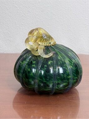 Green Swirl Glass Pumpkin with Golden Stem 5:5-inch